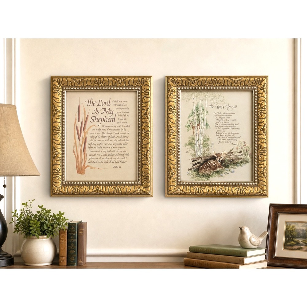 Set of 2 Framed Christian Wall Art Prints "The Lord‎ Is My Shepherd" Gold Wilton